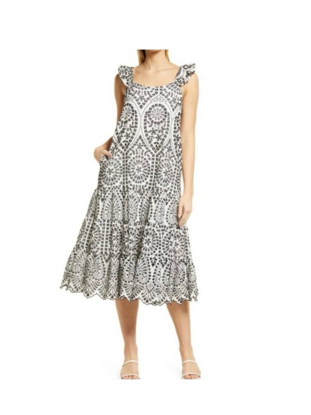 Anthropologie BTFL-LIFE Ruffle Tiered Boho Dress Size M Midi Black White Cotton